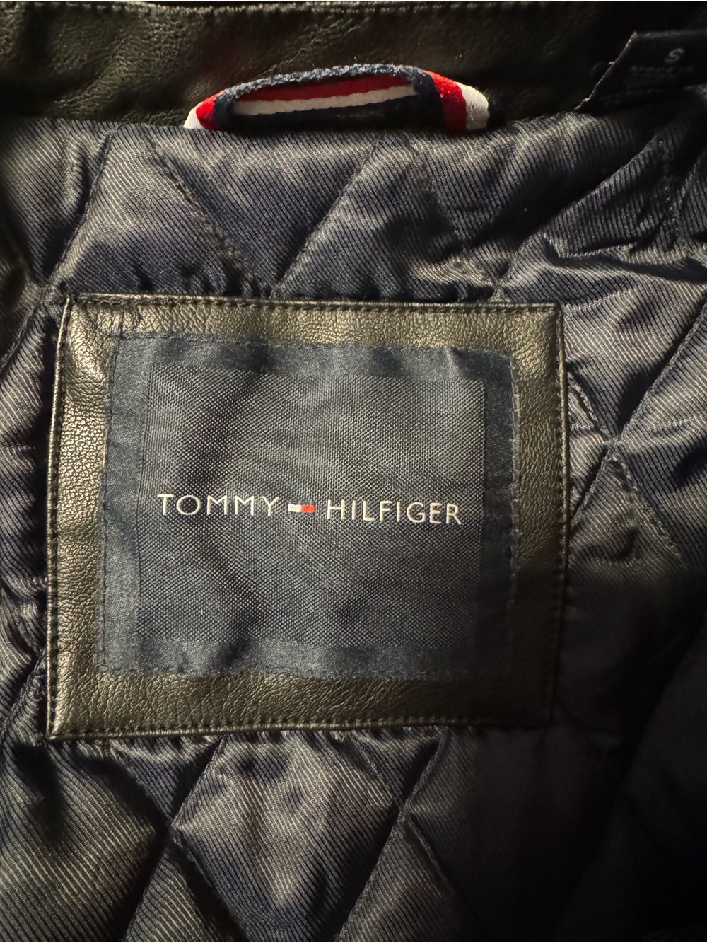 Tommy Hilfiger Black Leather Bomber Jacket with Quilted Navy Lining - Picture 3 of 9